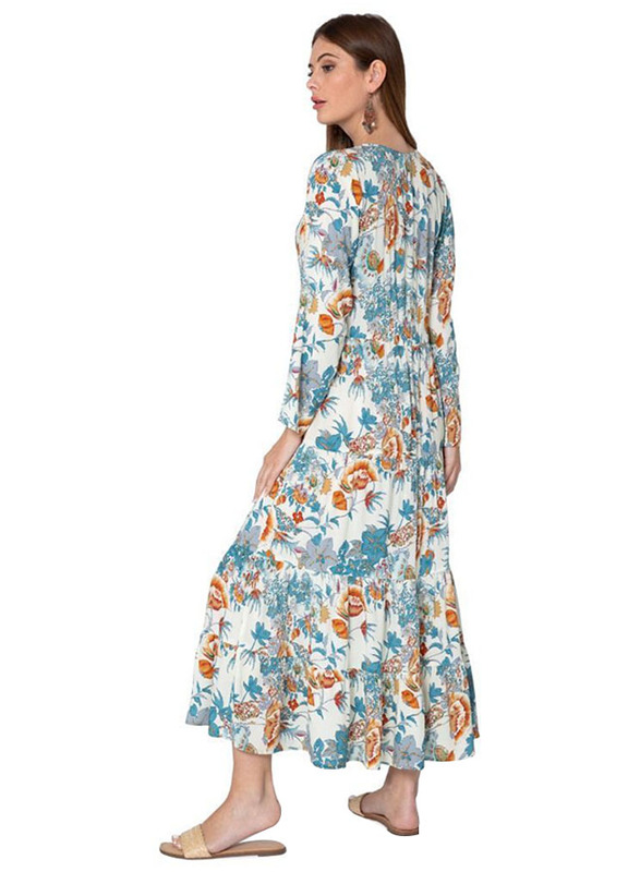 Couture Labs Lillium A' La Mode 3/4 Three-Quarter Sleeves Flower Print Maxi Dress for Women, Extra Large, Blue