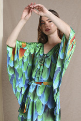 Couturelabs Poe Elbow Sleeve Viscose Crepe V-Neck Feather Print Mini Kaftan Dress, One Size, Green
