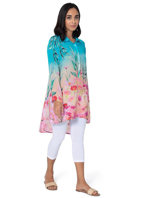 Couturelabs Doria Tropical Sunrise Long Sleeve Stand V-Neck Daisy Printed Shirtdress for Women, Small, Multicolour