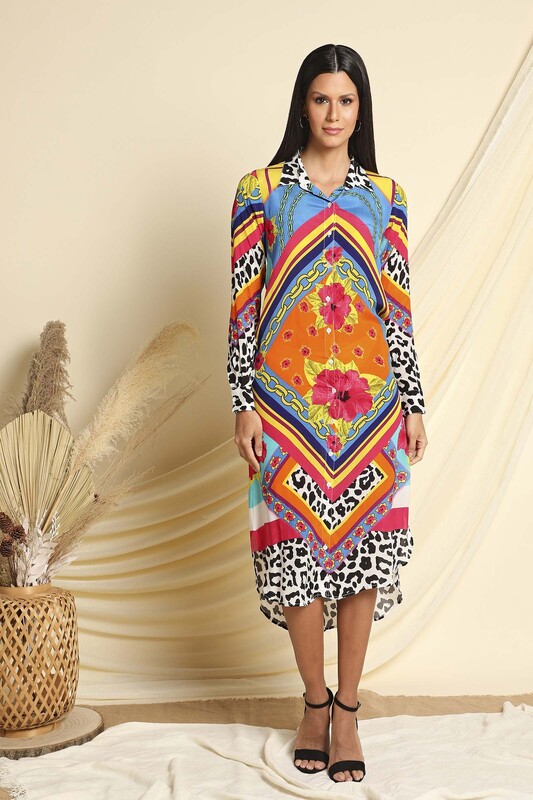 Couturelabs Luna Long Sleeve Viscose Crepe Shirt Collar Vibrant Print Midi Dress, Double Extra Large, Multicolour