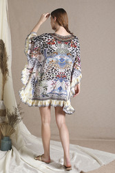Couturelabs Reva Long Sleeve Viscose Crepe V-Neck Cheetah Print Mini Kaftan Dress, One Size, Beige