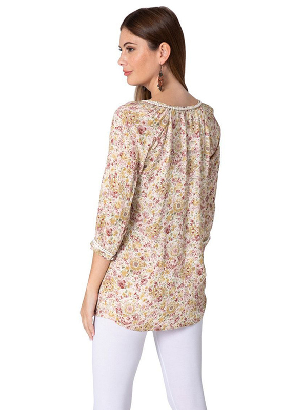 Couturelabs Juniper Pararie Days 3/4 Three-Quarter Sleeves Keyhole Neck Romantic Floral Print Blouse Top for Women, Extra Large, Beige