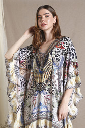 Couturelabs Reva Long Sleeve Viscose Crepe V-Neck Cheetah Print Mini Kaftan Dress, One Size, Beige