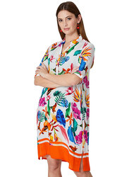 Couturelabs Elena Holiday in Ibiza Elbow Sleeve Stand V-Neck Floral Printed Tunic for Women, Extra Large, Multicolour