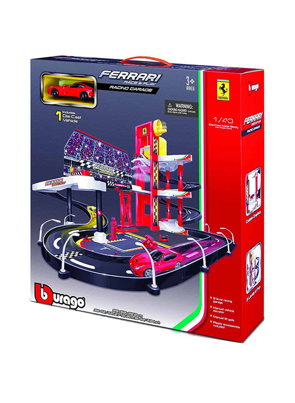 Bburago 1/43 Scale Ferrari R & P Racing Garage with 1 Car, For Ages 3+