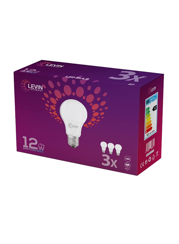 Levin LED Bulb, 12W, 6500K, E27, 3 Pieces, Cool White