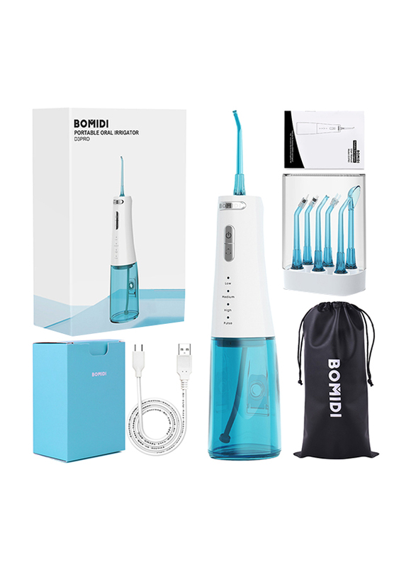 Bomidi Portable Oral Irrigator 360 Rotatable Nozzle, 300ml, White/Blue