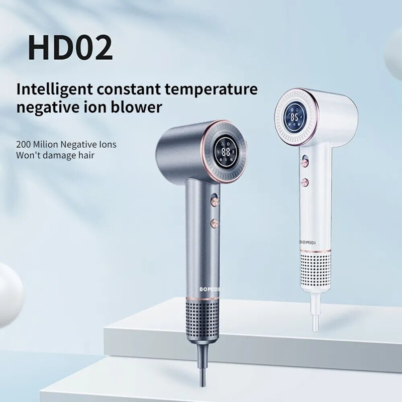 Bomidi HD02 High Speed Hair Dryer With 200 Million Negative Ion, Intelligent Thermostat Low Noise Operation, 360° 2 Nozzles and 8 Drying Modes - White