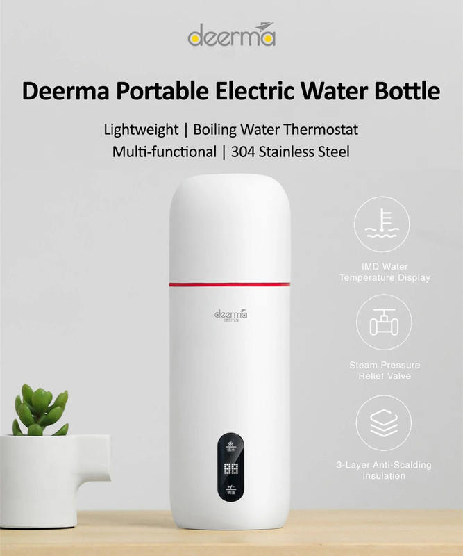 Deerma 350ml DR035S Portable Electric Kettle Thermos Bottle with LED & Temperature Control, White