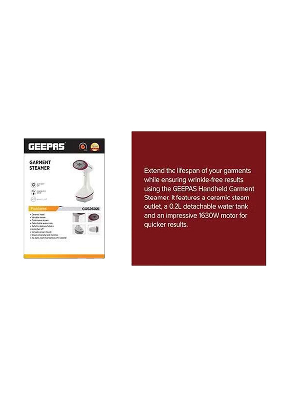Geepas Handheld Garment Steamer, 1630W, GGS25021, White/Grey/Red