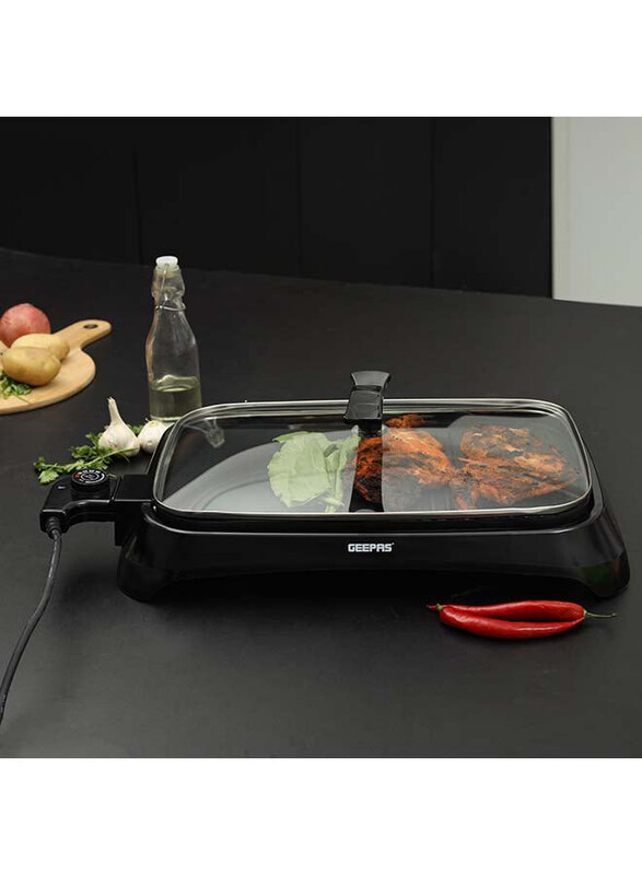 

Geepas Electric Non-Stick Smokeless Indoor Barbeque Grill with Glass Lid Adjustable Thermostat & Overheat Protection, 1600W, GBG63040, Black