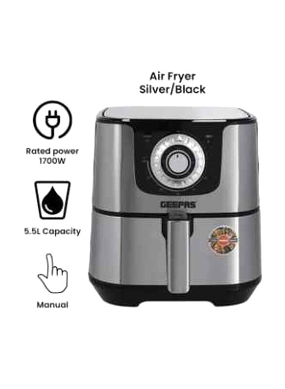 

Geepas 5.5L Electric Air Fryer, 1700W, GAF37519, Silver/Black