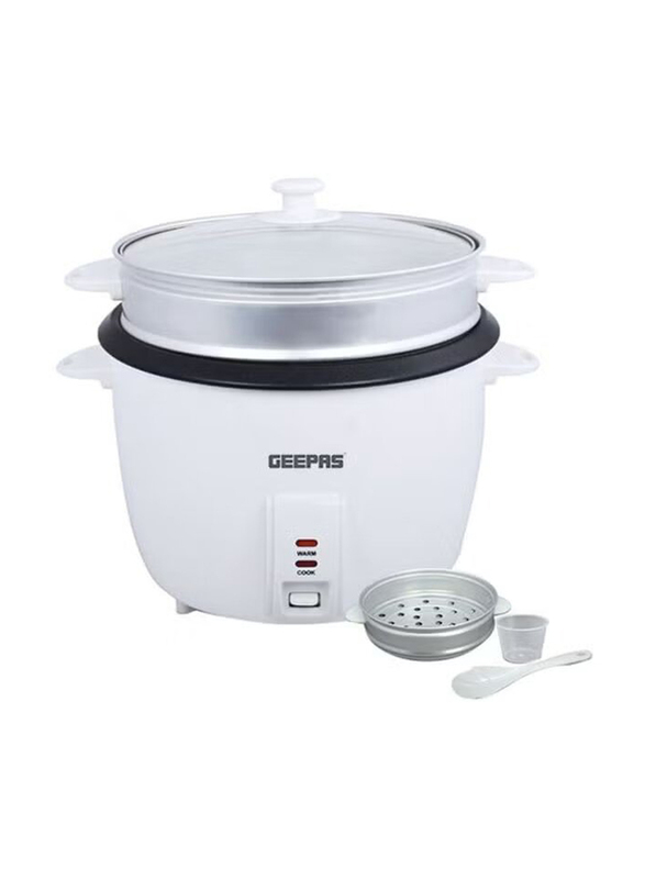Geepas 2.8L Electric Rice Cooker with Non-Stick Inner Pot and Toughened Glass Lid, 1000W, GRC4327, White/Black