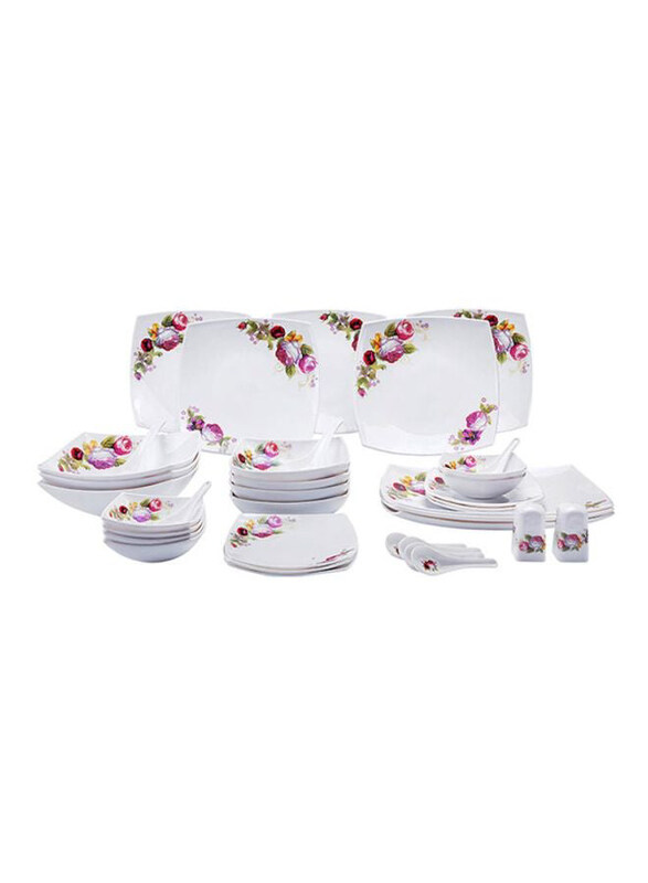 

Royalford 71-Piece Opal Hard Square Dinner Set, White/Pink/Red