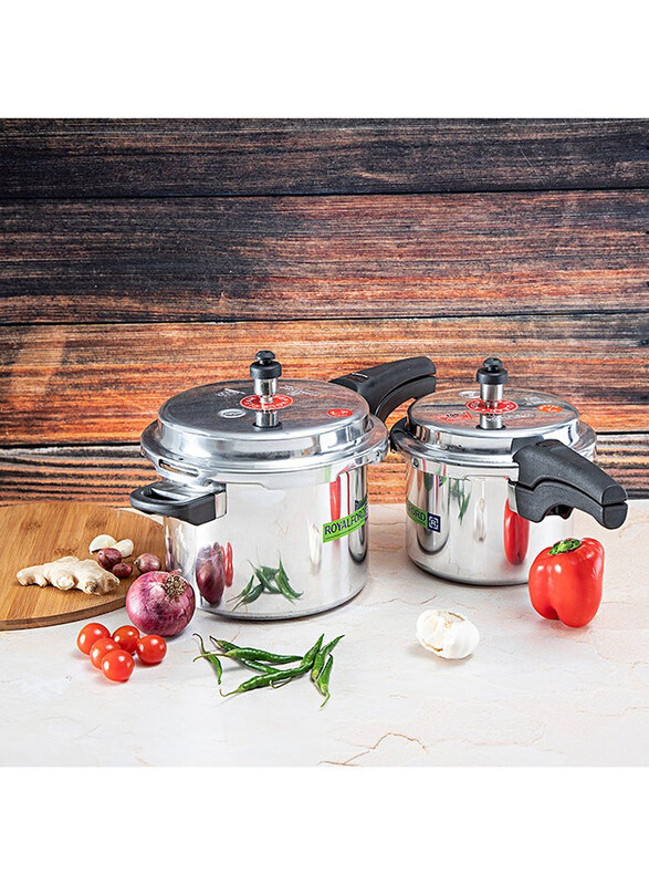 Royalford 2-Piece Aluminium Pressure Cooker Set, RF8428, Silver/Black