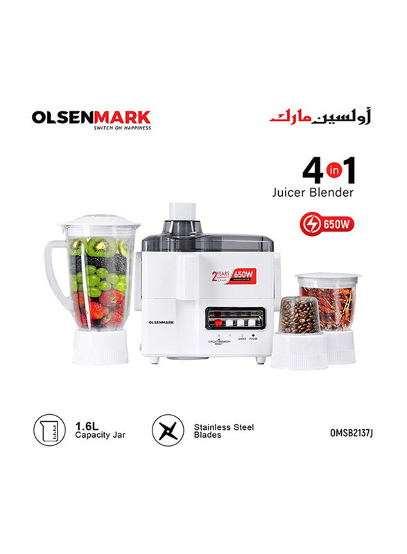 

Olsenmark 4-in-1 Food Processor Juicer Grinder And Multifunctional Blender, 650W, OMSB2137J, White