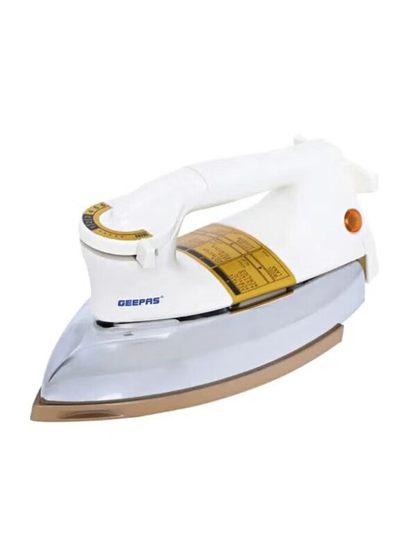 

Geepas Electric Golden Ceramic Soleplate Dry Iron, 1000W, Gdi2752, White/Silver