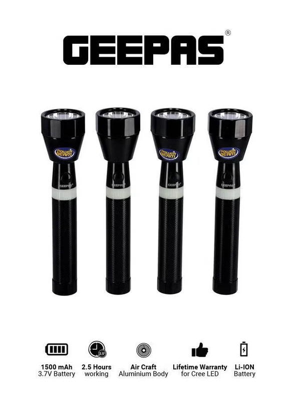 Geepas Hyper Bright Rechargeable LED Flashlight, 4 Pieces, Black