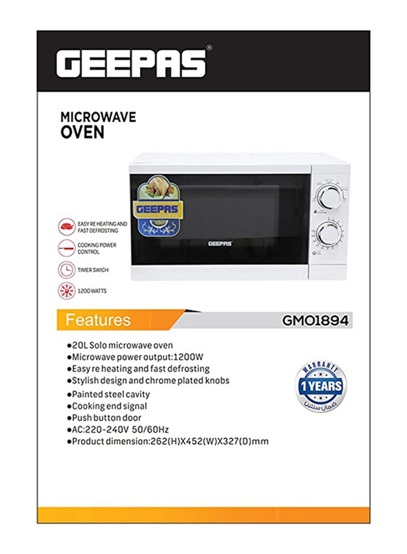 Geepas 20L Re-Heating & Fast Defrosting Microwaves Oven, 1200W, GMO1894-20LN, White