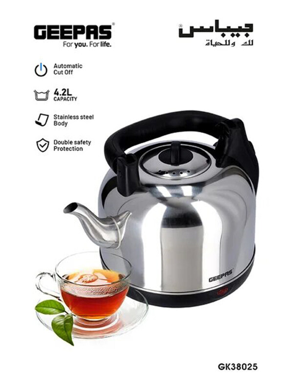 

Geepas 4.2L Stainless Steel Electric Kettle, 2400W, GK38025, Silver/Black