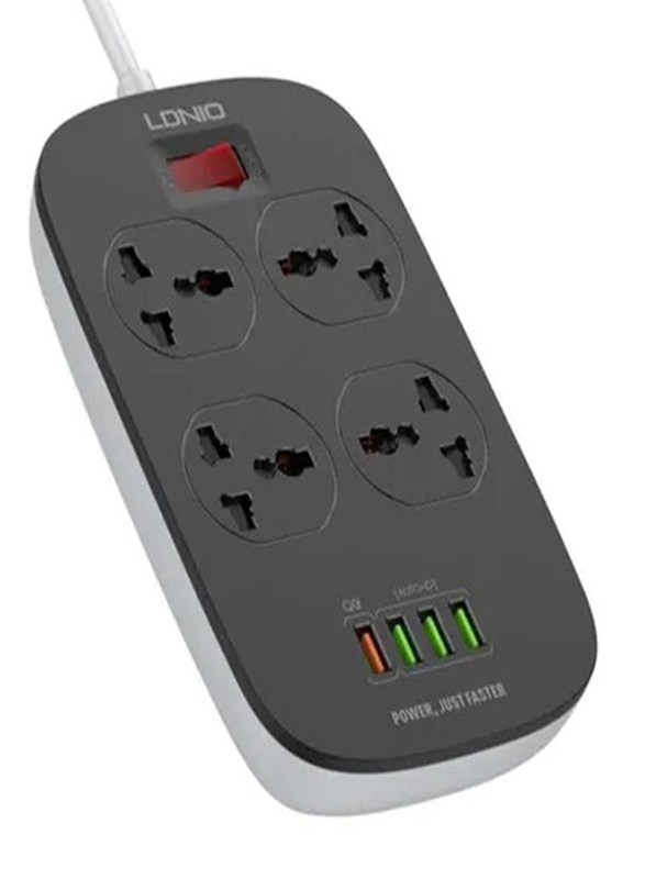 Ldnio Smart 4 Power Sockets 2500W 10A Extension and 18W USB Ports, with 2 Meter Power Cord, Black