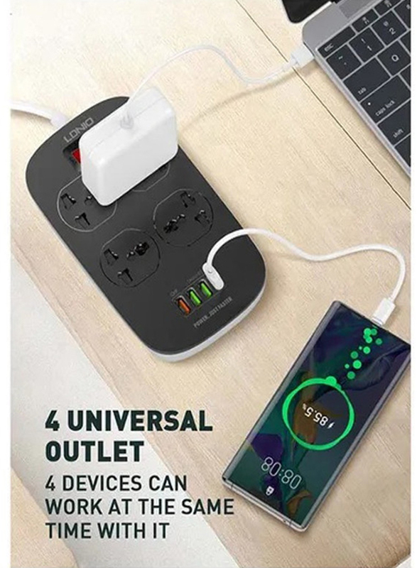 Ldnio Smart 4 Power Sockets 2500W 10A Extension and 18W USB Ports, with 2 Meter Power Cord, Black