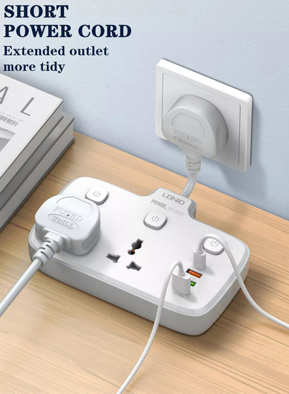 Ldnio 2 Way Plugs Extension Multi Sockets Wall Charger Adapter with 1 PD + 1 QC3.0 + 2 Auto I'D Ports, 2500W Power Socket, White