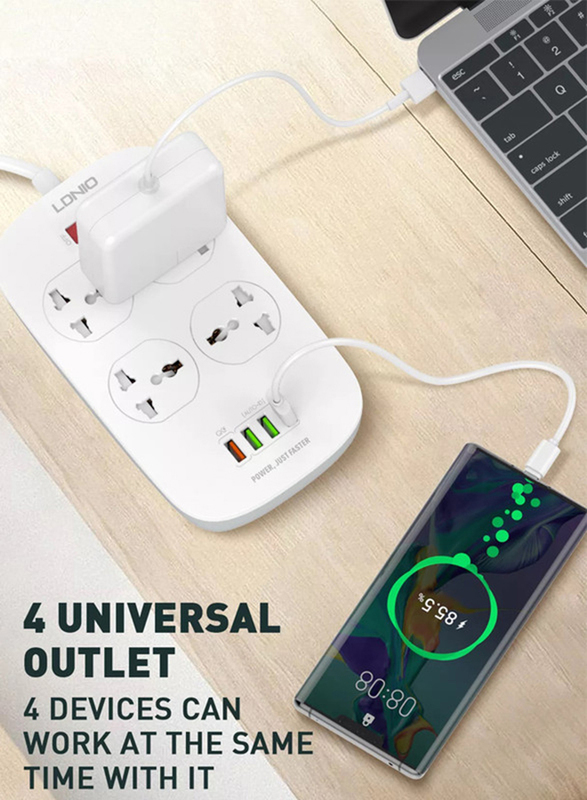 Ldnio Smart 4 Power Sockets 2500W 10A Extension and 18W USB Ports, with 2 Meter Power Cord, White