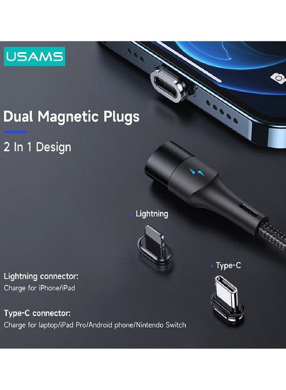 Usams 1.2-Meter 2-in-1 USB Type-C 60W to Lightning 20W PD Fast Magnetic Design Charge Data Cable, Black/Blue