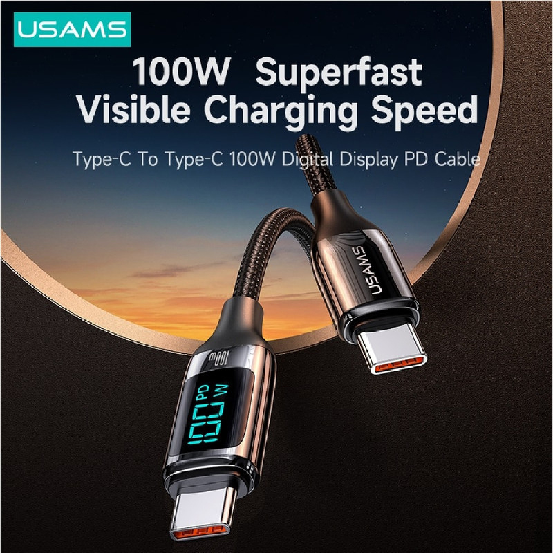 Usams 1.2-Meter Type-C to Type-C 100W Digital Display PD Fast Braided Charging & Data Cable for Iphone/Ipad/MacBook, Black