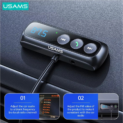 Usams 1-Meter Digital Display FM Wireless USB Type A to 3.5 mm Jack Audio Receiver for Car, Black