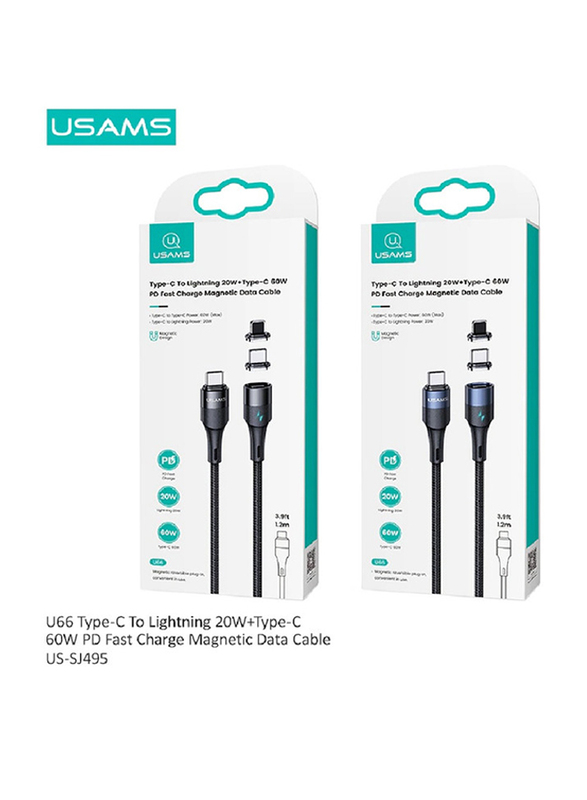 Usams 1.2-Meter 2-in-1 USB Type-C 60W to Lightning 20W PD Fast Magnetic Design Charge Data Cable, Black/Blue