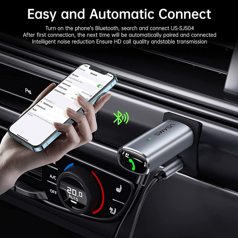 Usams Aluminium Alloy Car Wireless, USB Type A to 3.5 mm Jack Audio Receiver, Iron-Grey