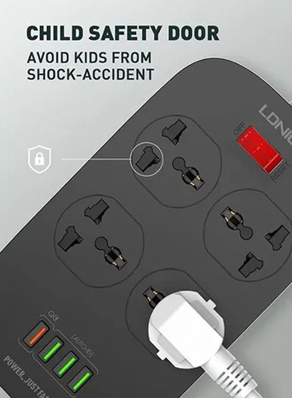 Ldnio Smart 4 Power Sockets 2500W 10A Extension and 18W USB Ports, with 2 Meter Power Cord, Black