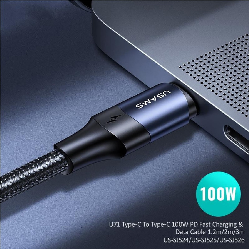 Usams 1.2-Meter Type-C To Type-C Nylon Braided Aluminium Alloy 100W PD Fast Charging & Data Cable for Mobile /Ipad /Mac, Black