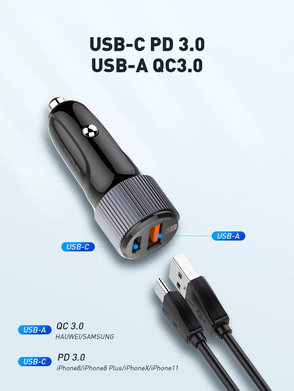 Ldnio Type-C Ports 36W High Power QC4+ USB C PD Car Charger With USB Cable, Black