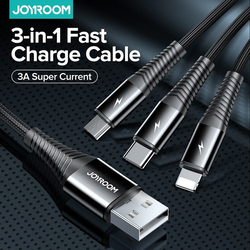 Joyroom 1.2-Meter 3-in-1 Braided Fast Charging Cable, USB Type A to Micro USB, Lightning & USB Type-C for Smartphones/Tablets, S-1230G4, Black