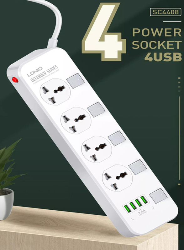 Ldnio Defender Series 4 Sockets with Independent Switch 3.4A 4 USB Port Multifunction Power Surge Protector, 2500W, White