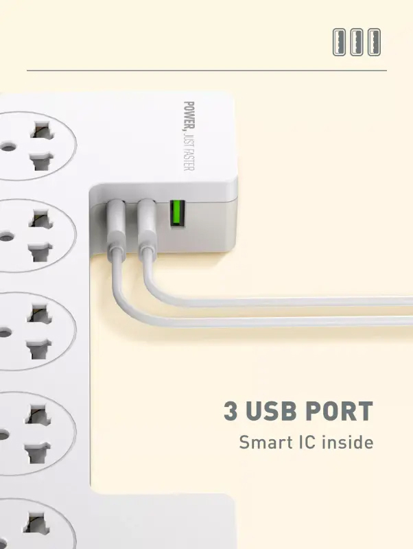 Ldnio Universal Power Strip With Cable Management Box 5 Socket + 3 USB Ports and 200 Meter Long Extension Cord, White