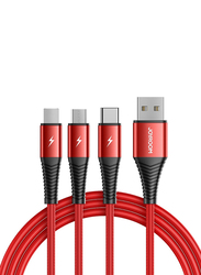 Joyroom 1.2-Meter 3-in-1 Braided Fast Charging Cable, USB Type A to Micro USB, Lightning & USB Type-C for Smartphones/Tablets, S-1230G4, Red