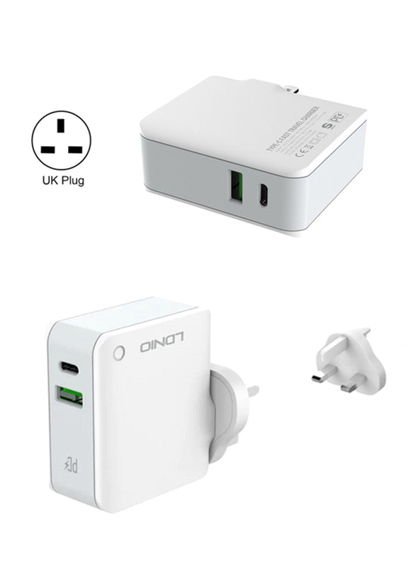 Ldnio Portable Charger Pd Fast Charging Adapter With TypeC And Auto ID USB Ports, White
