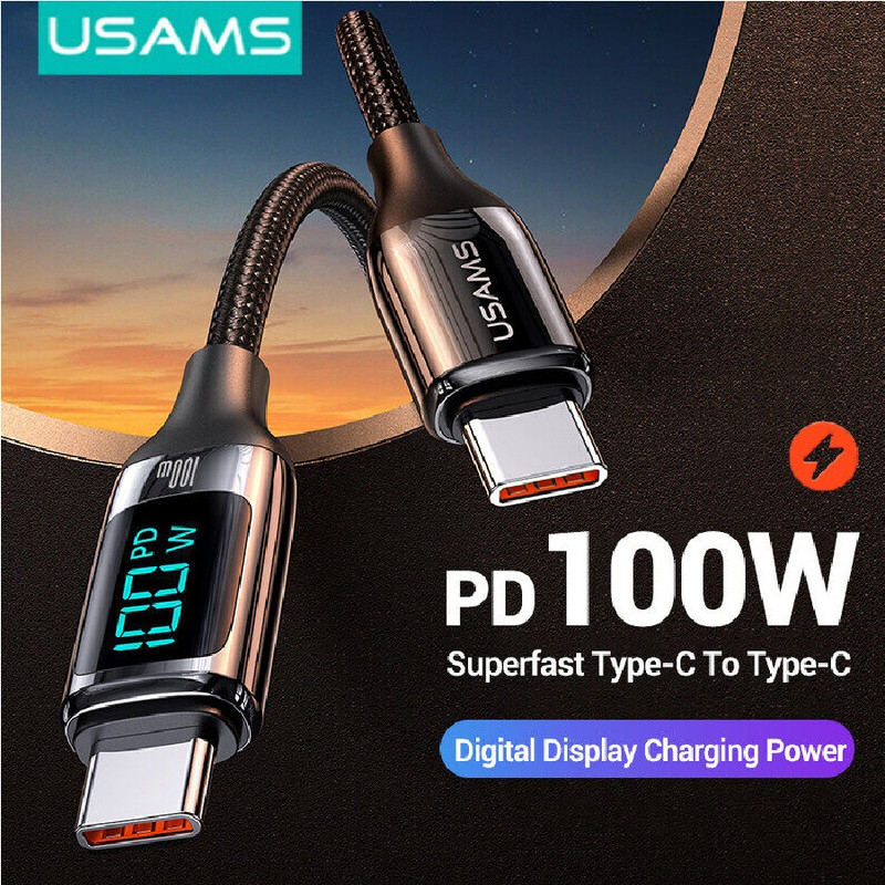 Usams 1.2-Meter Type-C to Type-C 100W Digital Display PD Fast Braided Charging & Data Cable for Iphone/Ipad/MacBook, Black