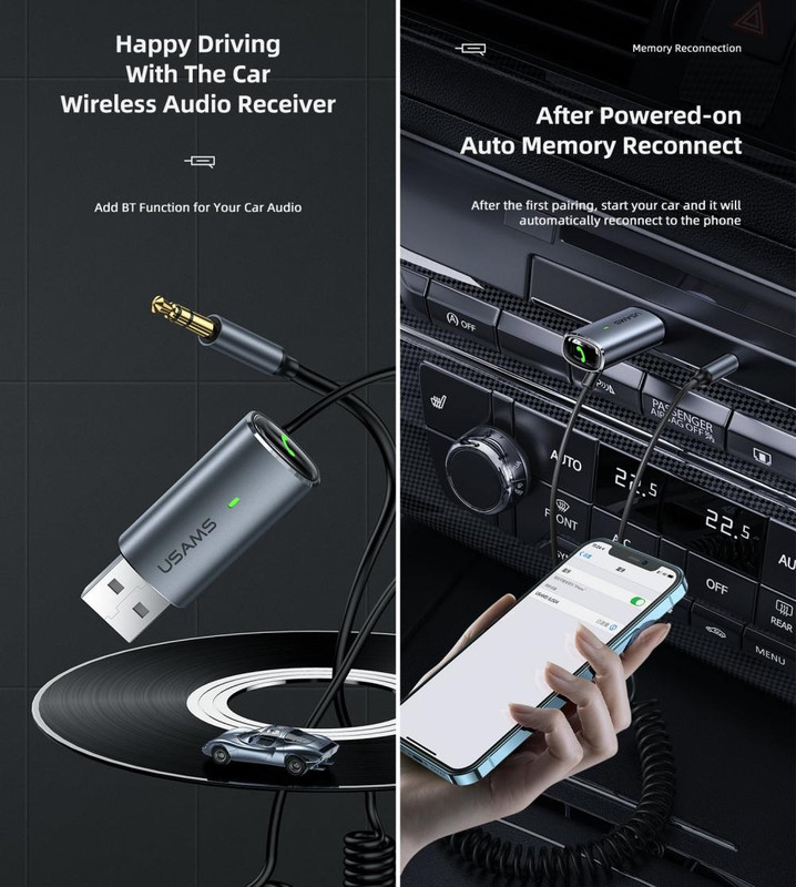 Usams Aluminium Alloy Car Wireless, USB Type A to 3.5 mm Jack Audio Receiver, Iron-Grey
