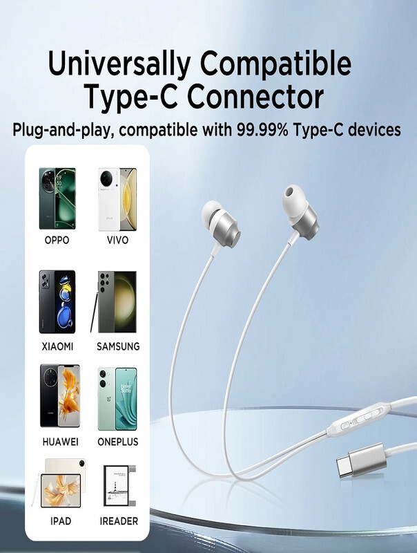 Joyroom In-Ear Type C Headphones Wired Earphones With Microphone USB-C Earbuds Sound Noise Isolating Compatible New iPad, iPad Pro, Samsung Galaxy, iPad Air Etc 1.2M White and Silver