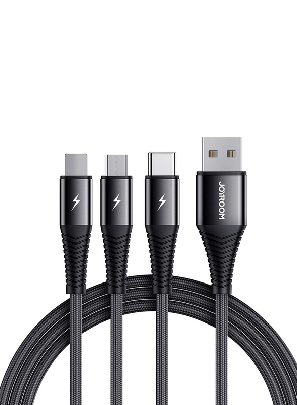 Joyroom 1.2-Meter 3-in-1 Braided Fast Charging Cable, USB Type A to Micro USB, Lightning & USB Type-C for Smartphones/Tablets, S-1230G4, Black