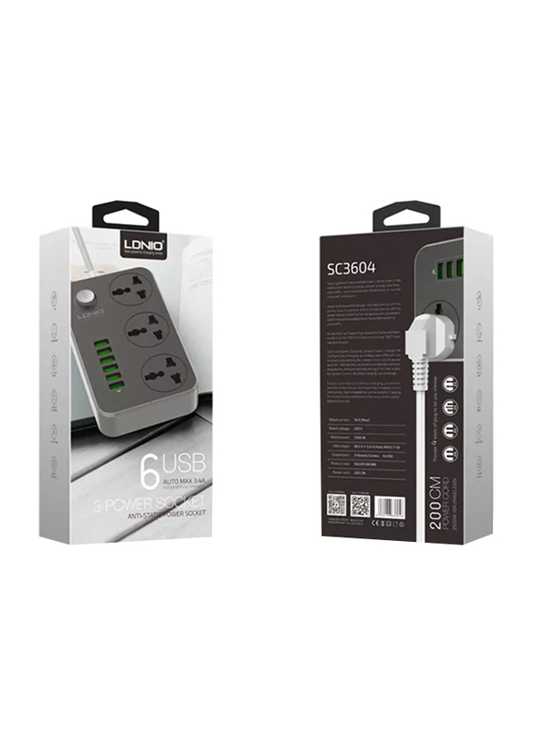 Ldnio 3 Power Socket With 6 USB Extension, Black/Grey