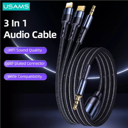 Usams 1.2-Meter 3-in-1 Multiple Types to 3.5mm Audio Adapter Cable for Multiple Devices, Black/Blue