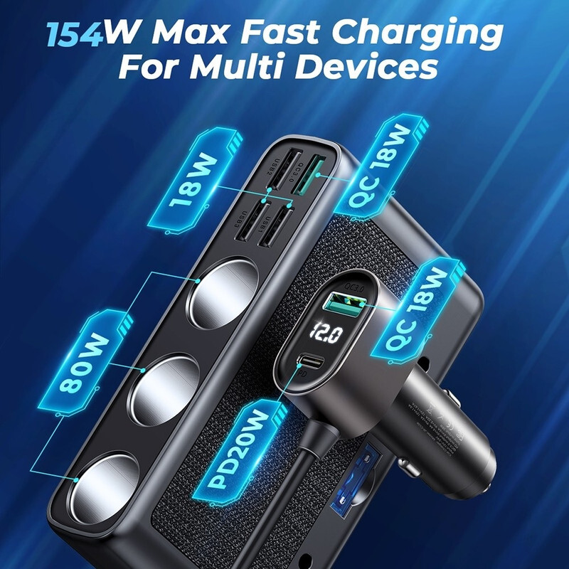 Joyroom 154W 3 in 1 Car Charger With 5 USB Ports 1 Type-C Cigarette Lighter