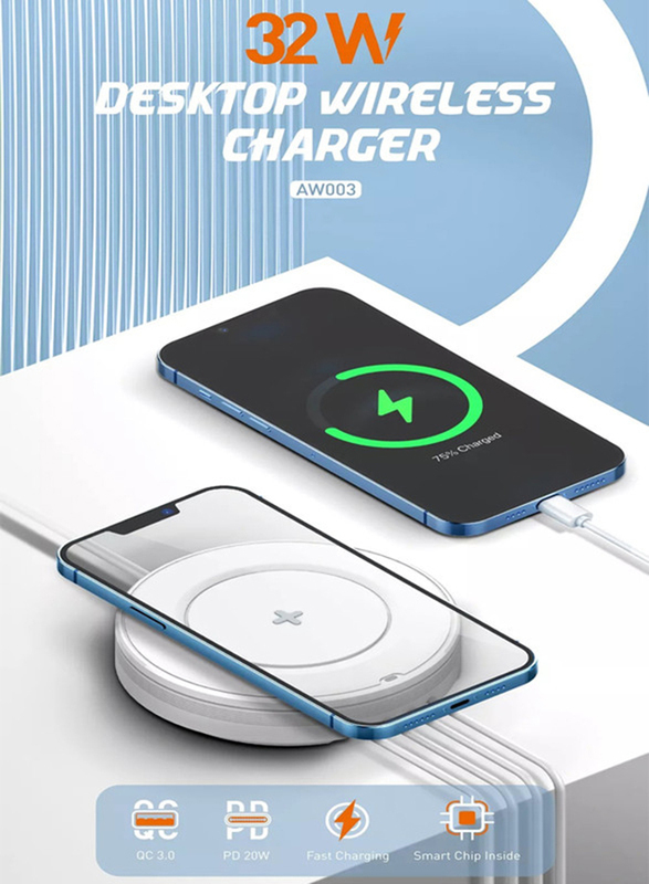 Ldnio 5-in-1 32W Wireless Charging Station with 15W Qi-Certified Wireless Charger & 32W USB-C Port PD Fast Charger, Portable Multiport Charger, White