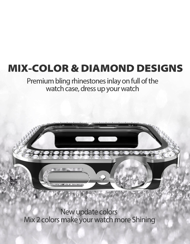 Caviar Glitter Rhinestone Bling Crystal Diamonds Anti-Shock Protective Cover for Apple Watch 7/6 44mm, Silver